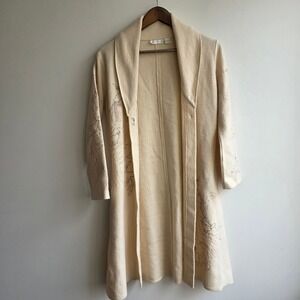Whitewash Boiled Wool Embroidered Peacock Bird Long Cardigan Duster Cream Small
